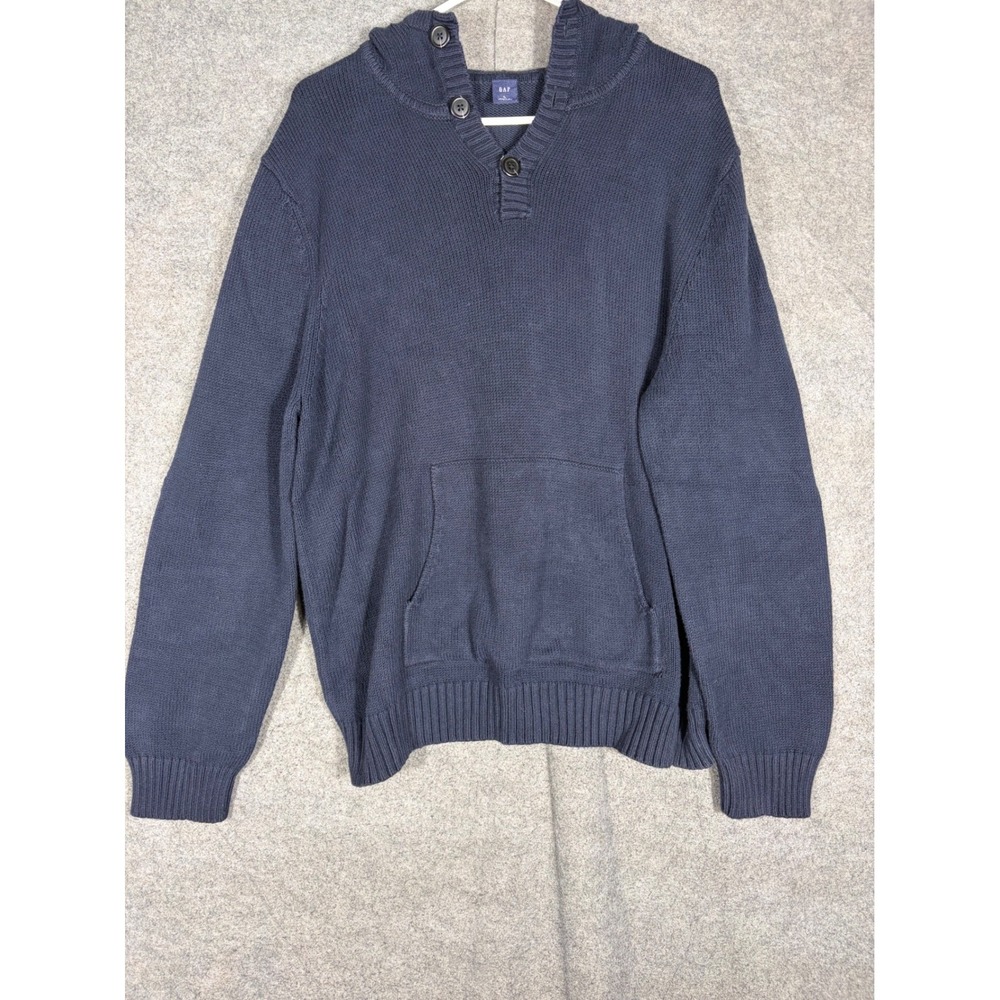Gap Mens Navy Blue Knit Hoodie Sweater Button Henley Elbow Patch Large 455526
